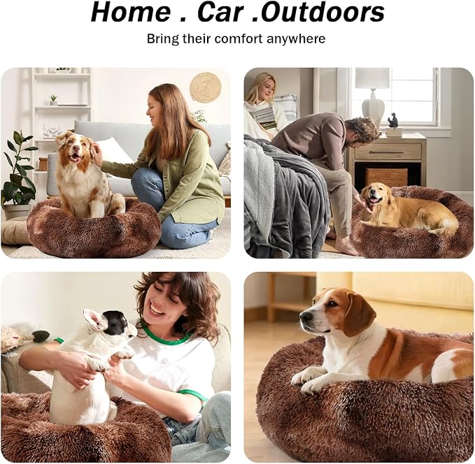 NOYAL Calming Donut Dog Bed for Small to Medium Dogs & Cats - Plush Faux Fur Anti-Anxiety Pet Bed with Machine Washable Cover & Non-Slip Base