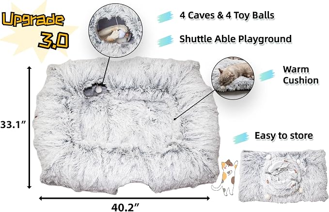 XxingSheep 4 Cave Shuttled XL Cat Tunnel Bed for Indoor Cats Peekaboo Toy Donut with Warm Mat, Pinkish White