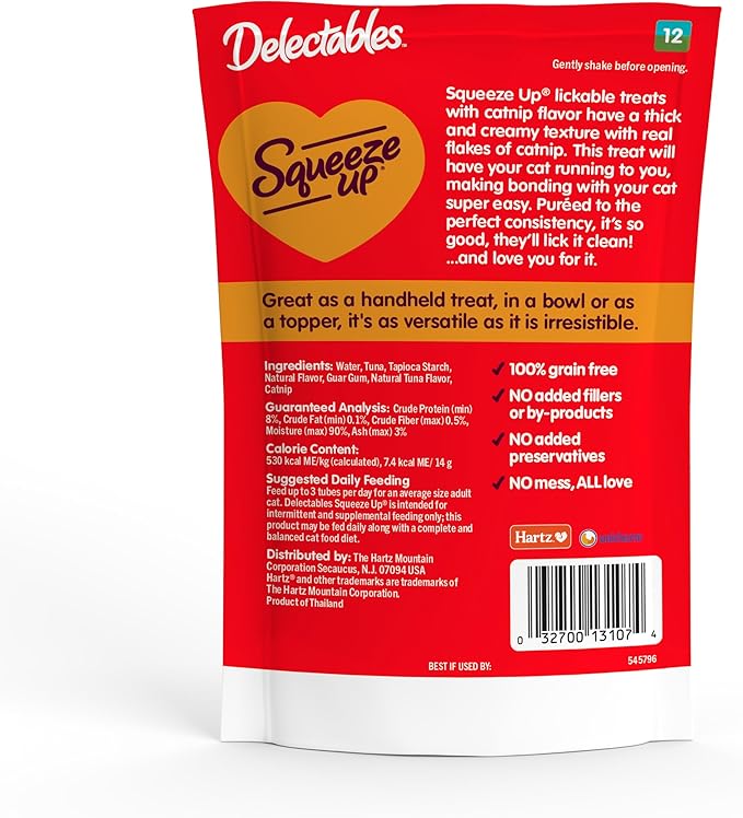 Delectables Squeeze Up Tuna with Catnip Creamy Squeezable Puree, Lickable Wet Cat Treats, Grain Free, No Added Fillers, No By-Products, No Added Preservatives, 0.5 Ounces Tube, 64 Tubes Total