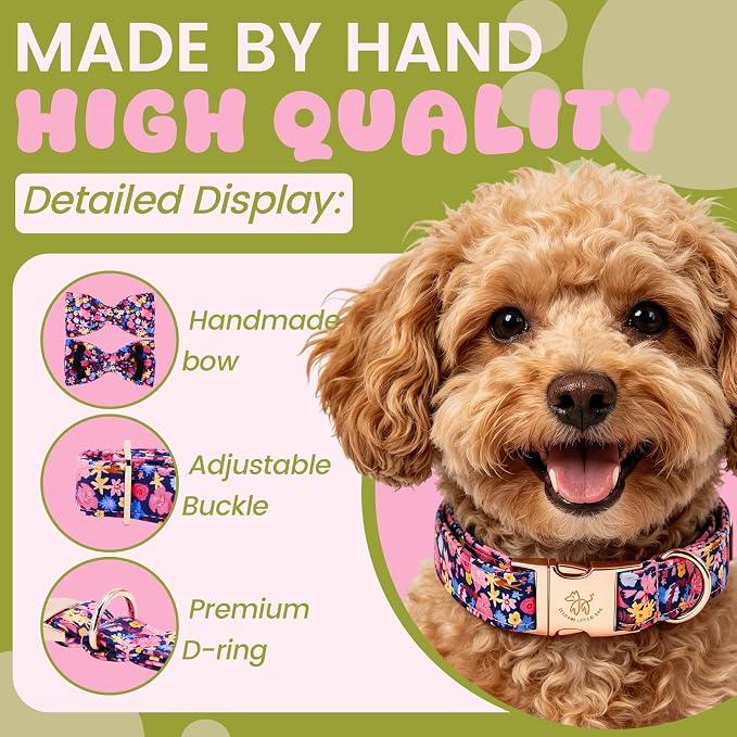 Elegant little tail Dog Collar, Floral Pattern Pet Collars with Bow Girl Cotton Bowtie Collars Spring Puppy Gift Adjustable Pet Collar for Large Dogs