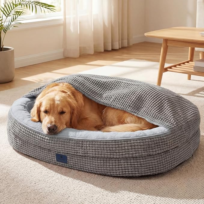 Veehoo 2 in 1 Dog Bed with Cover Cave, XL Dog Beds Indoor with Hooded Blanket, 48 inch Cozy Dogs Cave Bed with Removable Washable Cover for Extra Large Dogs Up to 110 lbs