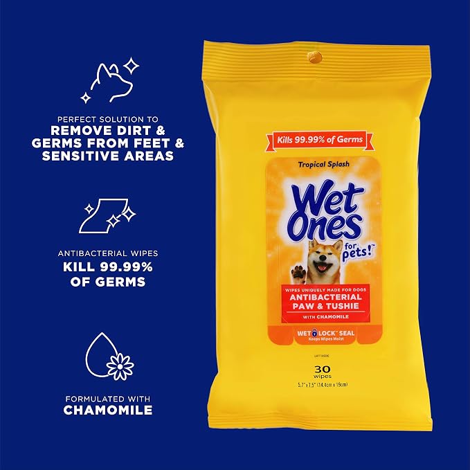 Wet Ones for Pets Paw and Tushie Dog Wipes with Chamomile, Tropical Splash Scent - Cleansing Grooming Wipes for Dog Paws and Butt Between Baths, Wet Lock Seal, 30 Count - 8 Pack
