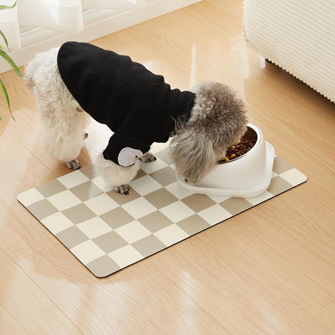 Checkered Dog Feeding Mat, Absorbent Mats for Dog Food and Water Bowl, Dispenser, Aesthetic Khaki Beige Checkerboard Pet Placemat for Dogs, Cats, Puppy Accessories (Khaki, 12 x 19)