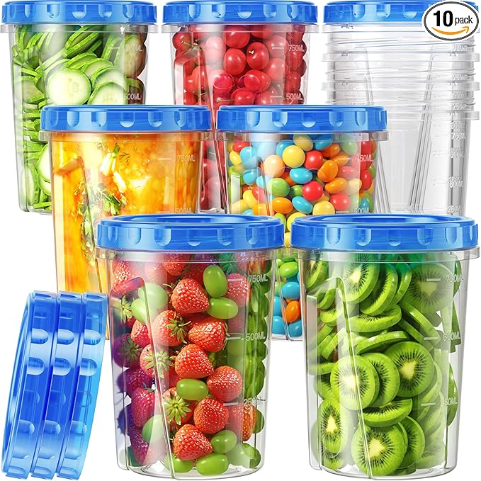 Canfanni 10 Pack-33oz Freezer Storage Containers Set, Plastic Food Storage Containers with Twist Top Lids, BPA Free Stackable Soup Containers for Overnight Oats/Salad/Leftover/Soup/Ice Cream