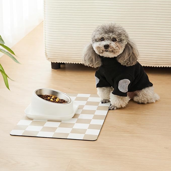Checkered Dog Feeding Mat, Absorbent Mats for Dog Food and Water Bowl, Dispenser, Retro Aesthetic Khaki Beige Checkerboard Pet Placemat for Dogs, Cats, Puppy Accessories, 12" X 19”