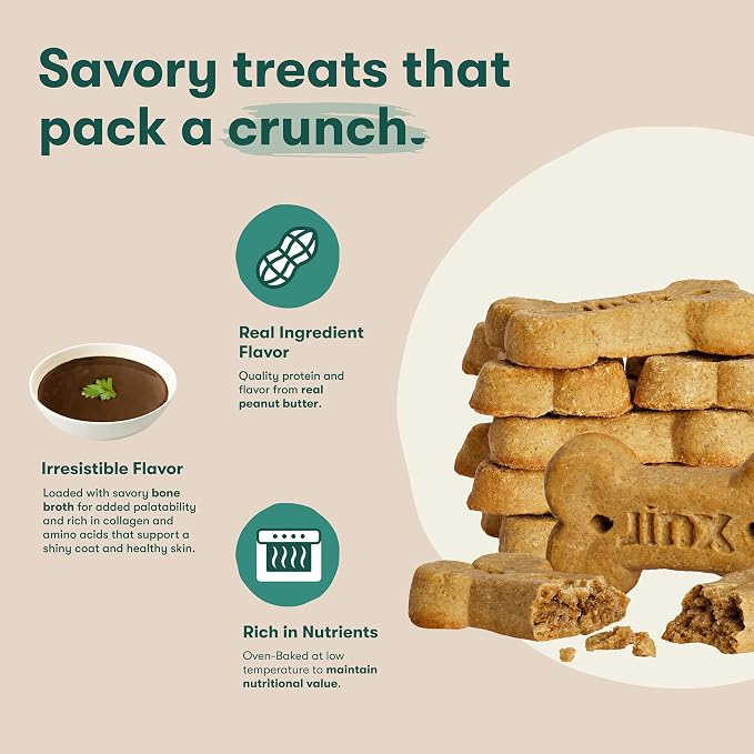 Jinx Oven-Baked Peanut Buter & Bone Broth Dog Biscuits Treats - Crunchy, All Natural, Nutrient Dense Dog Biscuits for Puppies, Adults & Seniors - 16oz