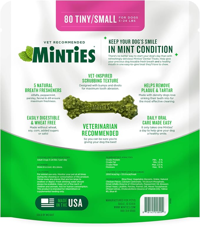 Minties Dog Dental Bone Treats, Tiny/Small Dental Dog Treats, Clean Teeth, Fight Bad Breath, Removes Plaque and Tartar, 80 Count