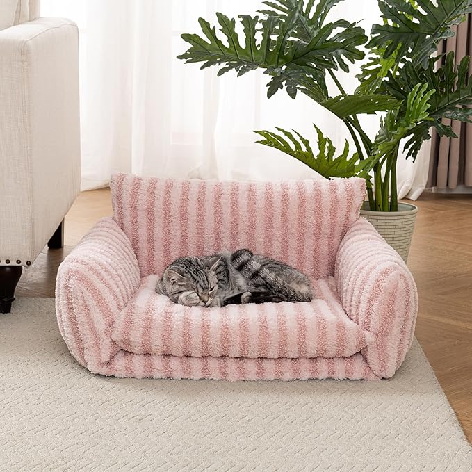 Hollypet Cat Bed Fluffy Plush Multifunctional Double-Layer Machine Washable Soft Warming Kitty Pet Couch Orthopedic Nest Beds for Small Cats Kitten and Dogs up to 13lbs, Pink(25x20x13 inch)
