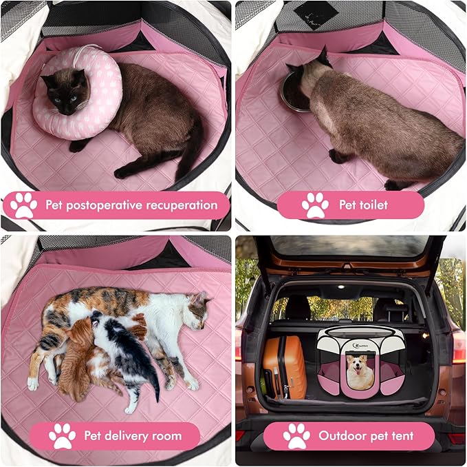 Siedihit Dog Cat Playpen, Puppy Pet Playpen Indoor for Dog Crate Tent Cage Outdoor, Portable Pop Up Dogs Enclosure Kennel with Carrying Case for Dogs/Cats/Rabbits (Pink with Pad, Medium)