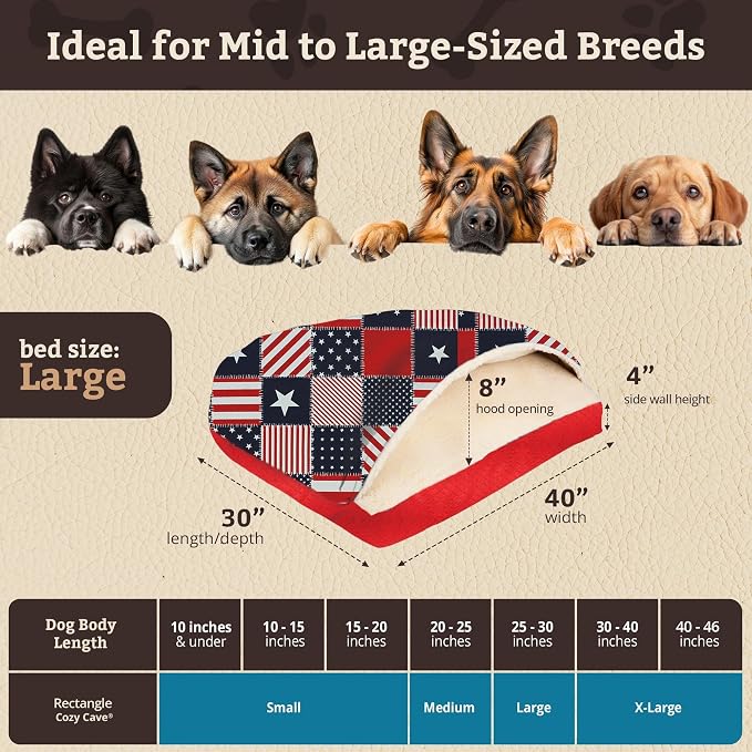 Snoozer Rectangle Cozy Cave Dog Bed - Indoor Dog Bed with Cover Cave, Covered Calming Burrow for Medium & Large Sized Pets with Blanket Attached, Enclosed, Washable Cover -Large, Starpatch Red Diamond