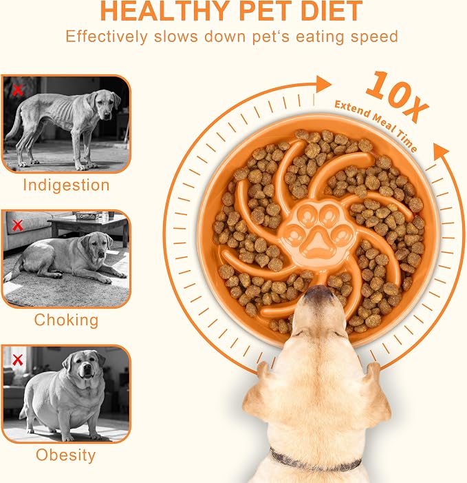 Ceramic Slow Feeder Dog Bowl, 3 Cup Dog Food or 25oz Water, Slow Eating Bowl for Middle Breed, Maze Puzzle Feeder for Fast Eaters, Anti-Choking Stop Bloat, Non-Slip BPA Free (Orange)