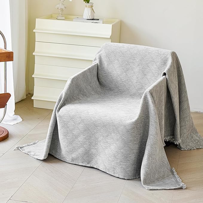 VANJOROY Grey Couch Chair Cover, Armchair for 1 Cushion Couch, Washable Chenille Sofa Cover Protector Soft Sofa Slipcovers for Pets Dog with Tassel,71"x 91"