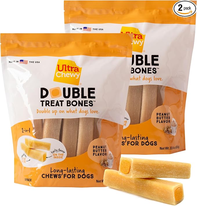 Ultra Chewy Peanut Butter Double Treat Bones: Long-Lasting Dog Treats Made in USA for Large and Small Breeds, Highly Digestible, Ideal for Aggressive Chewers (2 Value Packs)