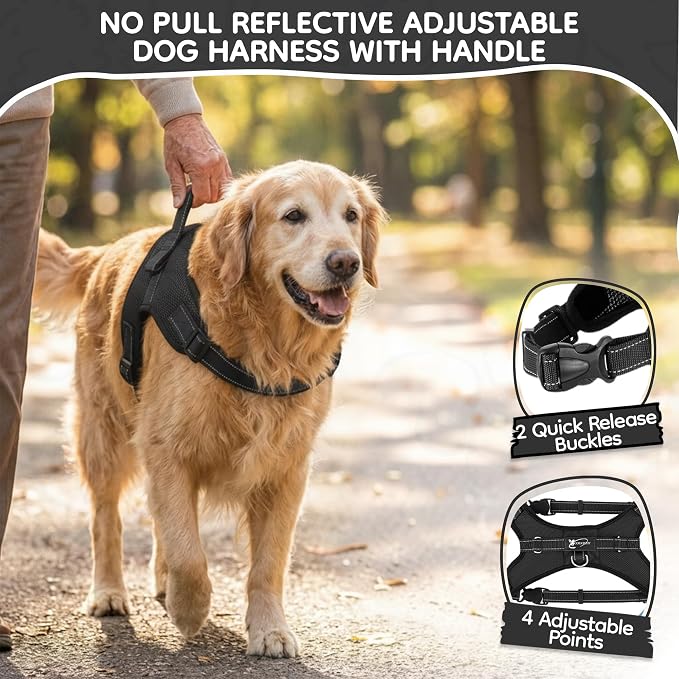 No Pull Reflective Adjustable Dog Harness with Handle- Comfortable Soft All Weather Mesh, Easy On Puppy Harness for Small Medium and Large Dogs (Black) X-Large