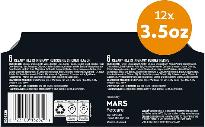 Cesar Filets in Gravy Adult Wet Dog Food Variety Pack, Poultry Lovers with Rotisserie Chicken Flavor and Turkey Recipe, 3.5 oz. Easy Peel Dog Food Tray, 12 Count (Pack of 2)