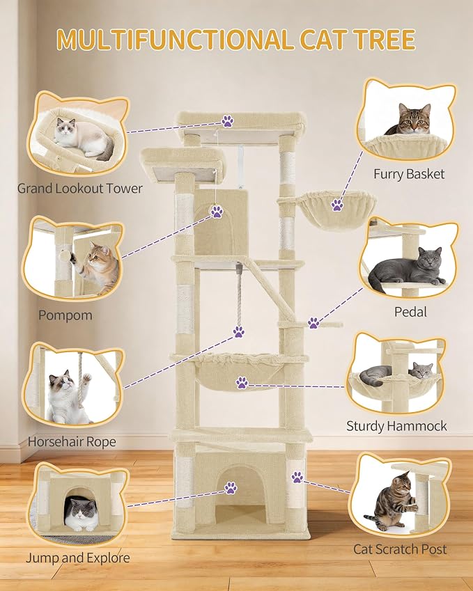 Hzuaneri Large Cat Tree, 72 Inch Tall Indoor Cat Tower for 6 Large Cats, Corner Climbing Activity Pet Condo with 2 Large Platforms/2 Cats House/6 Scratching Post/1 Hanging Basket, Beige MS18318YG