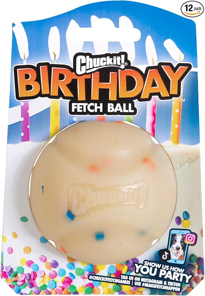 Chuckit! Birthday Fetch Ball, Medium (2.5 Inch Diameter), for Dogs 20-60 lbs, Pack of 12