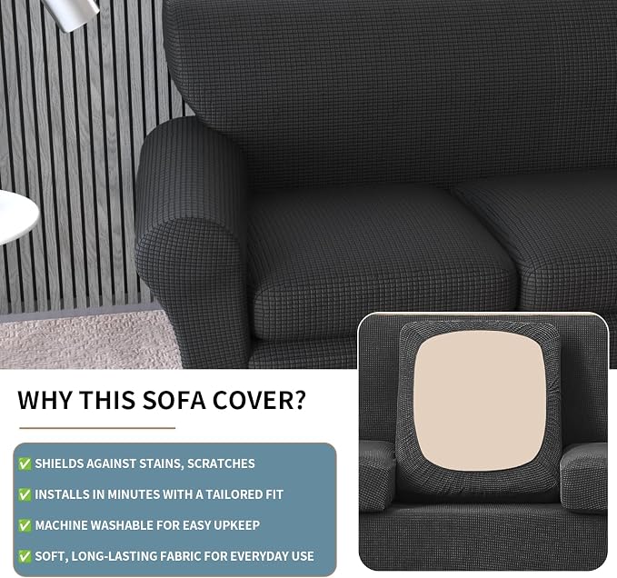 Stretch Couch Covers for 2 Separate Cushion Couch Sofa -Living Room Couch Sofa Cover,Washable Sofa Slipcover,Pet Friendly Furniture Protector with Elastic Bottom,Universal Fit for Home(Black,Loveseat)