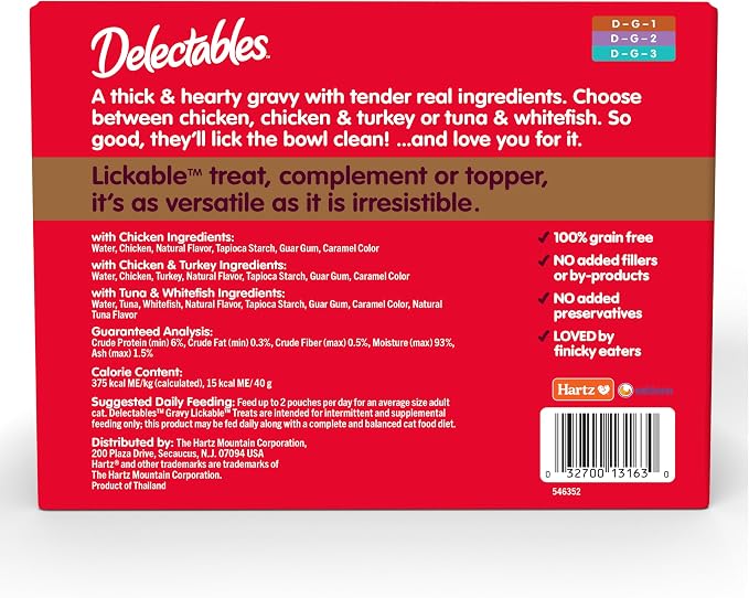 Delectables Lickable Treat Gravy Variety Wet Cat Treat & Food Topper, Food Topper, Hydrating, Grain-Free, No Fillers, No by-Products, No Added Preservatives, 1.4oz Pouch, 30 Pack