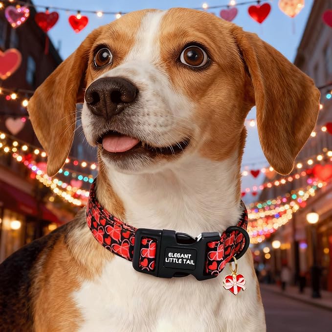 Elegant little tail Valentine's Dog Collar - Red Heart Dog Collars Cotton Puppy Adjustable Pet Collars with Sturdy Quick Release Buckle for Medium Dogs