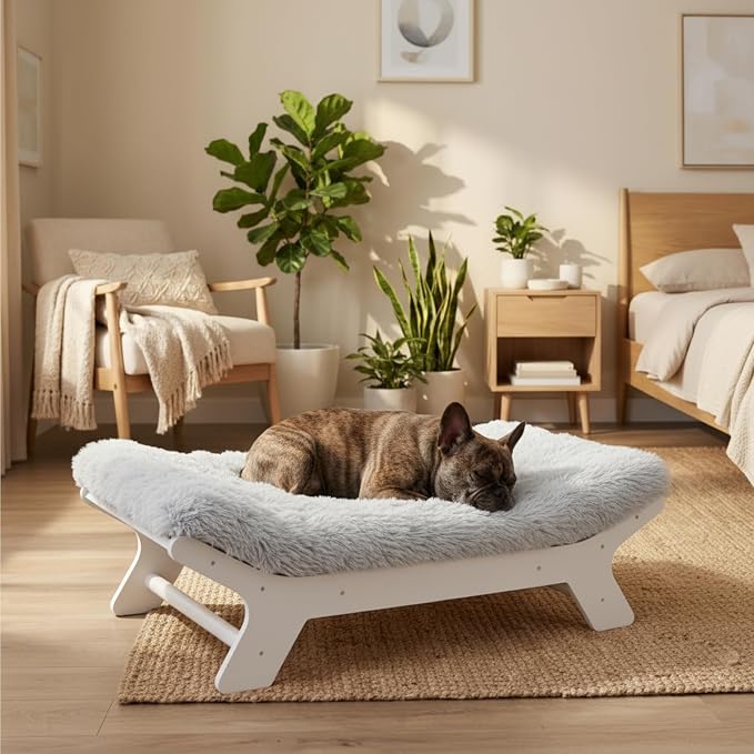 Muihood Wood Elevated Dog Bed Frame and Egg Crate Foam Mattress, Luxurious Suitable for Pets Up to 45 lbs, White, S