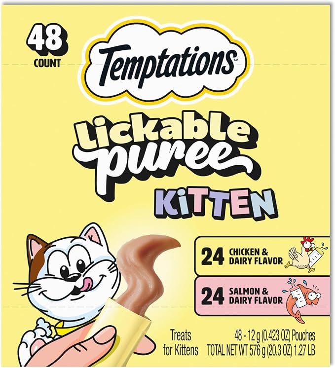 Temptations Puree Kitten Treats Lickable, Chicken and Salmon Variety Pack, 48 Pouches
