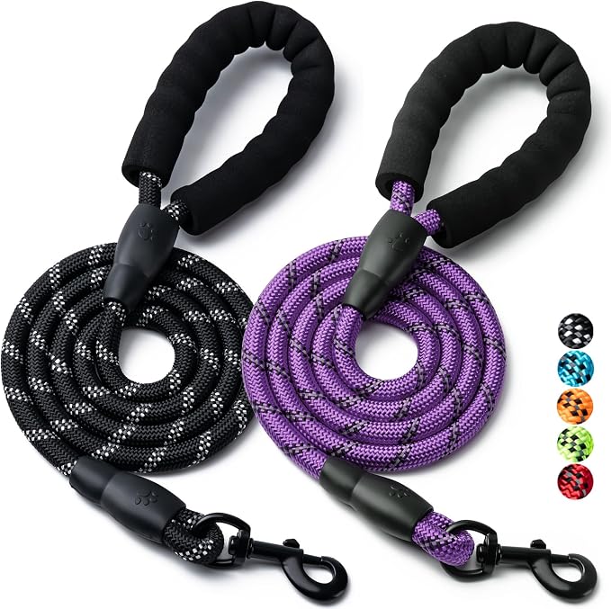 2 Pack Dog Leash, 4/5//6 FT Heavy Duty Nylon Rope Pet Leashes with Comfortable Padded Handle, Reflective Dog Leashes for Small Medium and Large Dogs (5FT-1/2,Black/Purple)