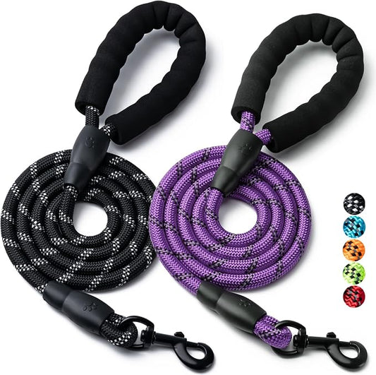 2 Pack Dog Leash, 4/5//6 FT Heavy Duty Nylon Rope Pet Leashes with Comfortable Padded Handle, Reflective Dog Leashes for Small Medium and Large Dogs (5FT-1/2,Black/Purple)