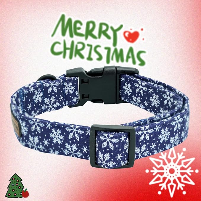 Elegant little tail Christmas Dog Collar, Snow Print Pet Collar Cotton Soft Plastic Buckle Sturdy Puppy Collars Holiday Female or Male Adjustable Collar for Small Puppy
