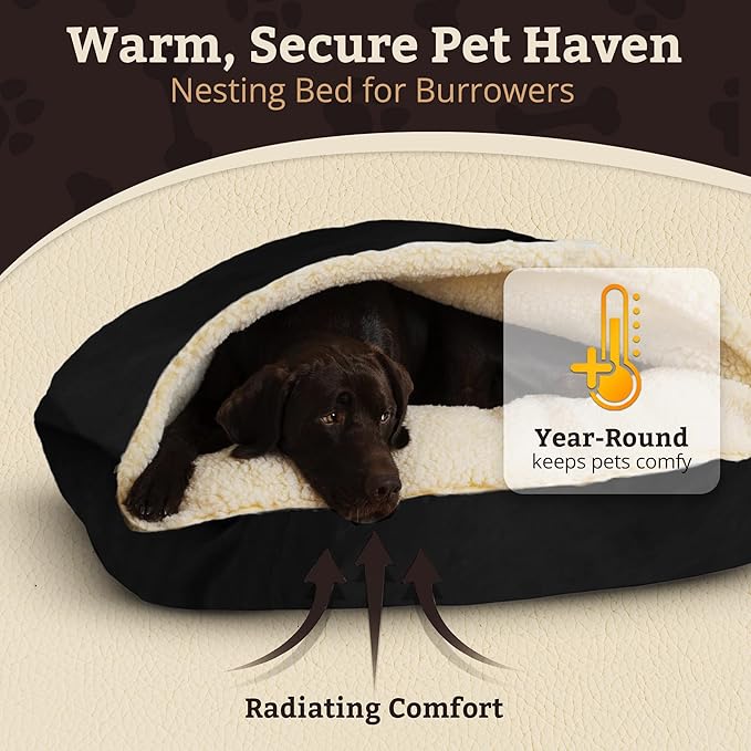 Snoozer Rectangle Cozy Cave Dog Bed - Indoor Dog Bed with Cover Cave, Covered Calming Burrow for Medium & Large Sized Pets with Blanket Attached, Enclosed, Washable Cover - Large, Black