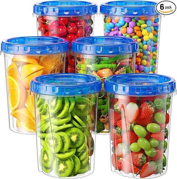 BiuLeon 6 Pack-34oz Freezer Storage Containers, Plastic Food Storage Containers with Twist Top Lids, BPA Free and Reusable Soup Containers with Lid, Microwave and Dishwasher Safe
