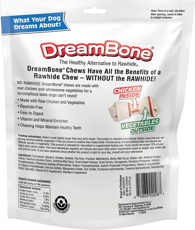 DreamBone Chicken Mini Bone Dog Treats, Daily Rawhide-Free Chew, Digests Safely and Completely, With Real Protein, Chicken and Veggies, 36 count