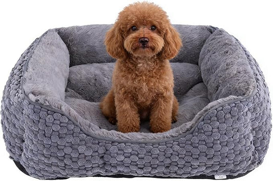 Plush Dog Bed Small, Dark Grey, Machine Washable, Dog Beds Sofa with Pillow Support, 20x19Inch, Corn Kernel Design, Non-Slip Bottom, Thick PP Cotton Padding