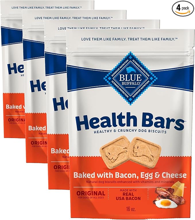 Blue Buffalo Health Bars Crunchy Dog Biscuits, Oven-Baked with Natural Ingredients, Bacon, Egg & Cheese, 16-oz Bag (Pack of 4)