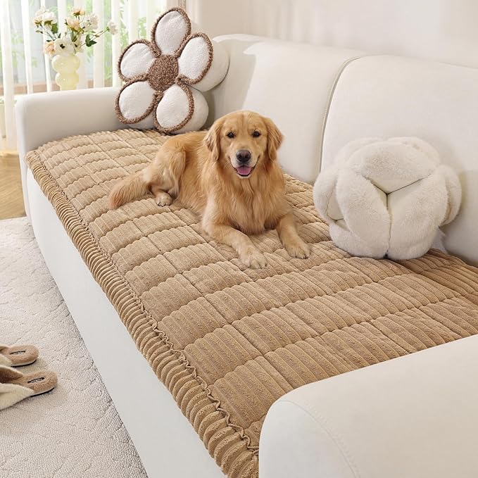 OstepDecor Couch Cover for Dogs, Washable Non Slip Sofa Cover for Pets, Soft Couch Covers for Sofa, Loveseat and Sectional, Furniture Protector Against Pet Hair & Scratches (27.6" x 70.9", Khaki)