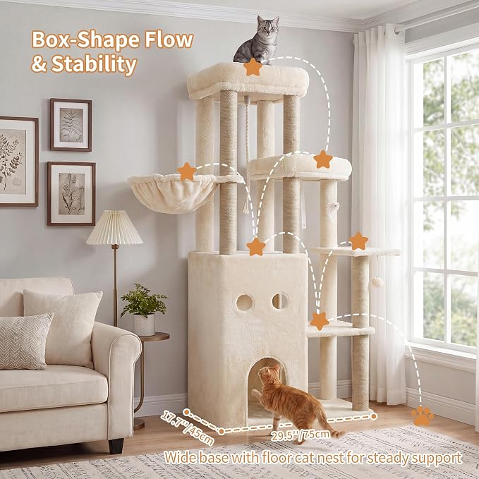 Heybly Cat Tree, 59.4" Secure Anti-Tip Cat Tower for Large Cats, Spacious Cat Furniture with Dual-Tier Cat Condo, 2 Top Perches, Hammock and Sisal Scratching Posts, Beige HCT055MJ