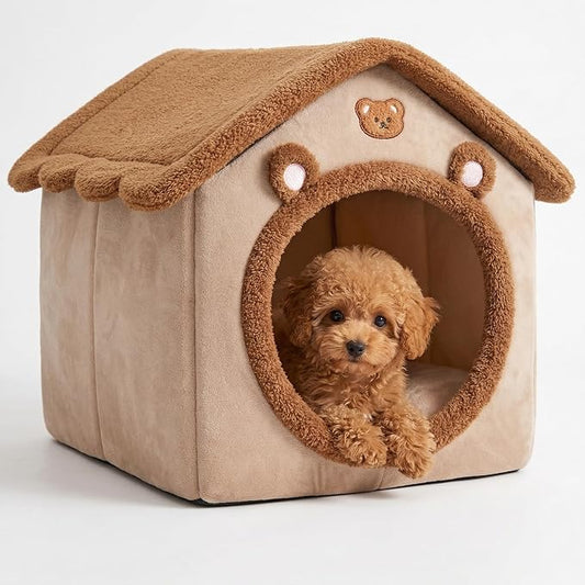 AED Cave-Style Dog Bed with Non-Slip Bottom, Enclosed Pet Bed for Small Dogs & Cats, M Size Cozy Tent House for 6-11 Lb Puppies and 9-17 Lb Kittens, Brown