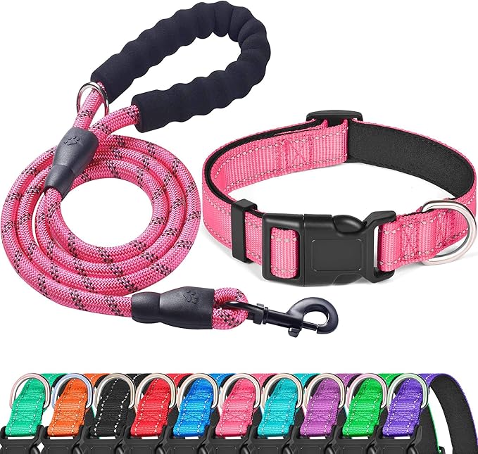 Ladoogo Reflective Dog Collar Padded with Soft Neoprene Breathable Adjustable Nylon Dog Collars for Small Medium Large Dogs (X-Small (Pack of 1), Pink Collar+Leash)