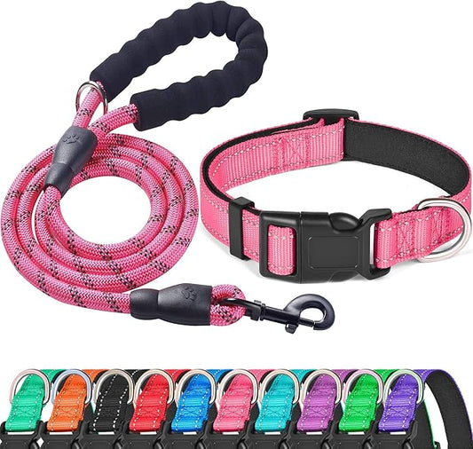 Ladoogo Reflective Dog Collar Padded with Soft Neoprene Breathable Adjustable Nylon Dog Collars for Small Medium Large Dogs (X-Small (Pack of 1), Pink Collar+Leash)