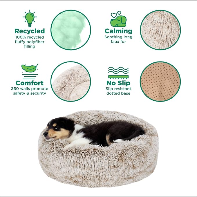Furhaven 45" Round Calming Donut Dog Bed for Large Dogs, Refillable w/Removable Washable Cover, for Dogs Up to 90 lbs - Shaggy Plush Long Faux Fur Donut Bed - Driftwood Brown, Jumbo/XL