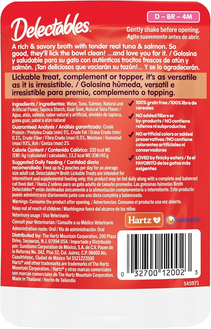 Delectables Lickable Treat Savory Broths Wet Cat Treat with Real Tuna & Salmon, Food Topper, Hydrating, Grain-Free, No Fillers, No By-Products, No-Added Preservatives, 1.4oz Pouch (Pack of 24)