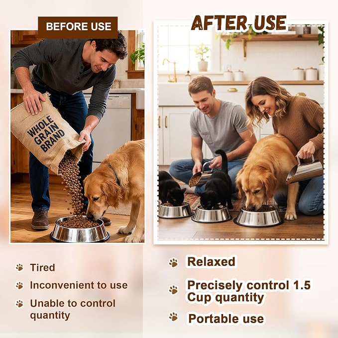 Zonon 2 Pieces 1.5/12 oz Cup Dog Food Stainless Steel Scoop, Durable Metal Dog & Cat Food Cup with Ergonomic No-slip Grip, Easy-clean, Rust-resistant Convenient for Bucket Pet Animal Feeds (Novel)