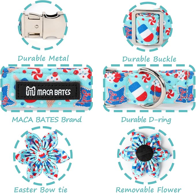 Maca Bates American Flag 4th of July Dog Collar with Flower Bow 4 of 7 for Dogs Adjustable Durable Icecream Patriotic USA Collars Summer Independence Day for Small Medium Large XL Boy Girl Puppy