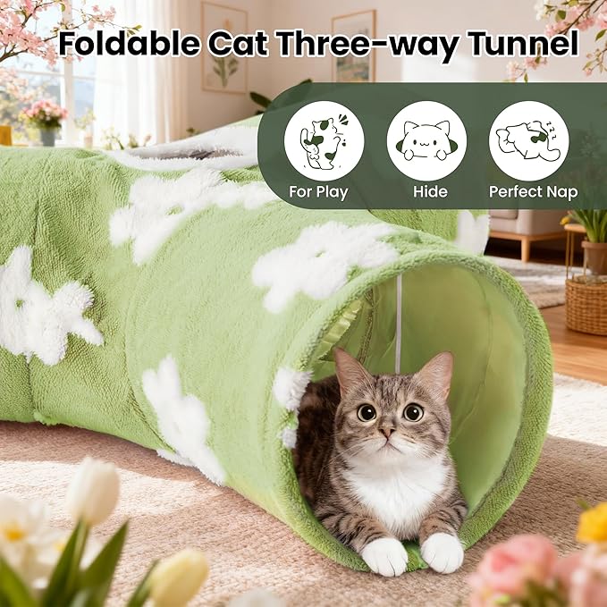 Tempcore Flannel Cat Tunnel for Indoor Cats, 3 Way Collapsible Pet Play Tunnel with Teaser Wand, Peek Holes & Hanging Ball, Interactive Tube for Kittens & Rabbits, Daisy Green