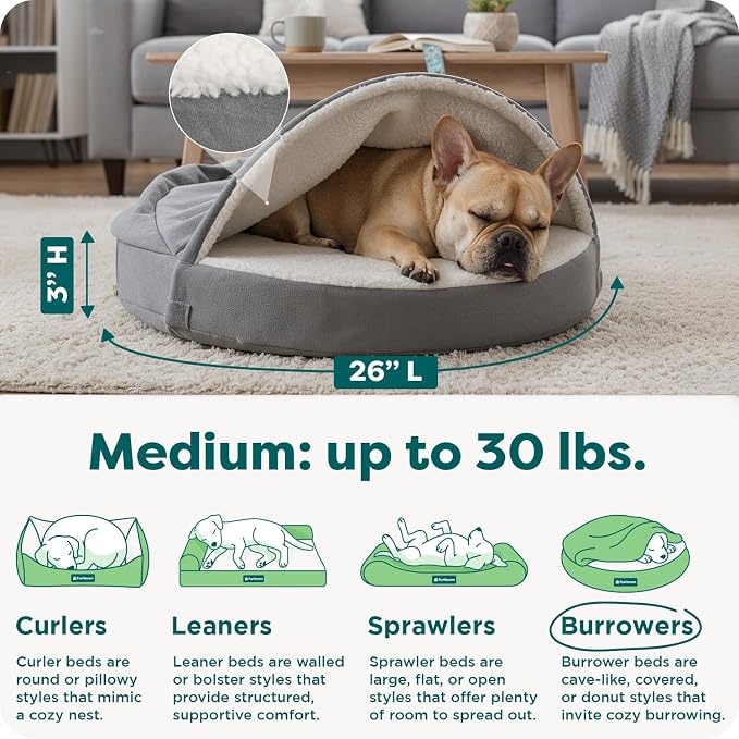 Furhaven 26" Round Memory Foam Dog Bed for Medium/Small Dogs w/ Removable Washable Cover, For Dogs Up to 30 lbs - Sherpa & Suede Snuggery - Gray, 26-inch