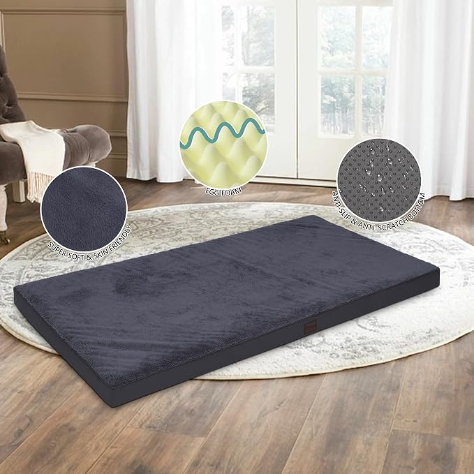 Waterproof Human Dog Bed Orthopedic Dog Beds for Crate with Removable Washable Cover Egg-Crate Foam Pet Pad Mat with Anti-Slip Bottom, 75x38 Inch, Grey