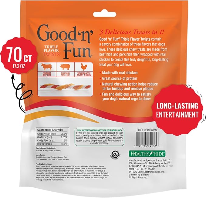 Good 'n' Fun Twists Long-Lasting Dog Treat, With Real Proteins, Beef Hide and Premium Chicken, Supports Dental Health, Mental Stimulation, 70 count