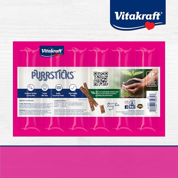 Vitakraft PurrSticks for Cats - Nutritious & Healthy Soft Cat Treats - Gently Oven Roasted Meat Sticks for Cats w/ 70% Meat - Easy-to-Serve Cat Chew Sticks (Chicken, 24 Pack)