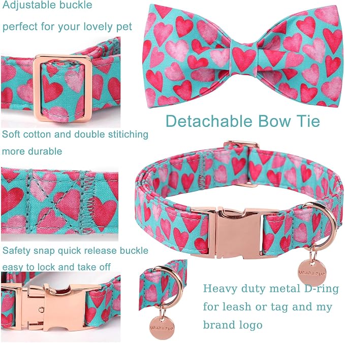 Valentine’s Day Dog Collar with Bow Tie, Pink Heart Bowtie Collar with Metal Buckle, Valentine’s Day Gift Pet Collar for Puppy Girl Boy Dog or Cat, Wedding Dog Collar, L, Neck 16-24in