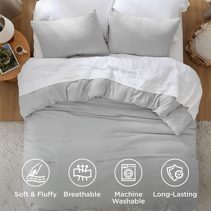 Bedsure King Comforter Set, Silver Grey Soft Prewashed Bedding for All Seasons, 3 Pieces GentleSoft Bed Set, 1 Lightweight Comforter (104"x90") and 2 Pillowcases (20"x36")